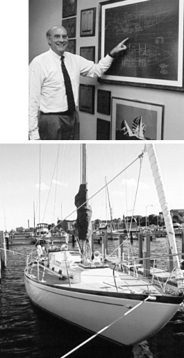 Tom’s office, above, shows his passion for, and success in, sailboat racing. The walls are covered with sailing photos, prints, models, half-hulls, plaques, and trophies. A large blueprint of the BI 40 is prominently on display. Bantu at the dock, left. The early Block Island 40s were built before gelcoat technology came about. Hand-laid fiberglass is faired with Bondo autobody putty and spray painted with white acrylic enamel automotive paint which is then covered with six coats of clear enamel.