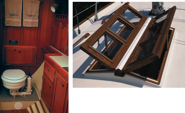 Sapphire’s head occupies the forepeak, making it “a head you can get seriously cleaned up in,” according to Doug. He solved problem leaks in the skylights with “O-ring spaghetti” tubing sold for use with screens.