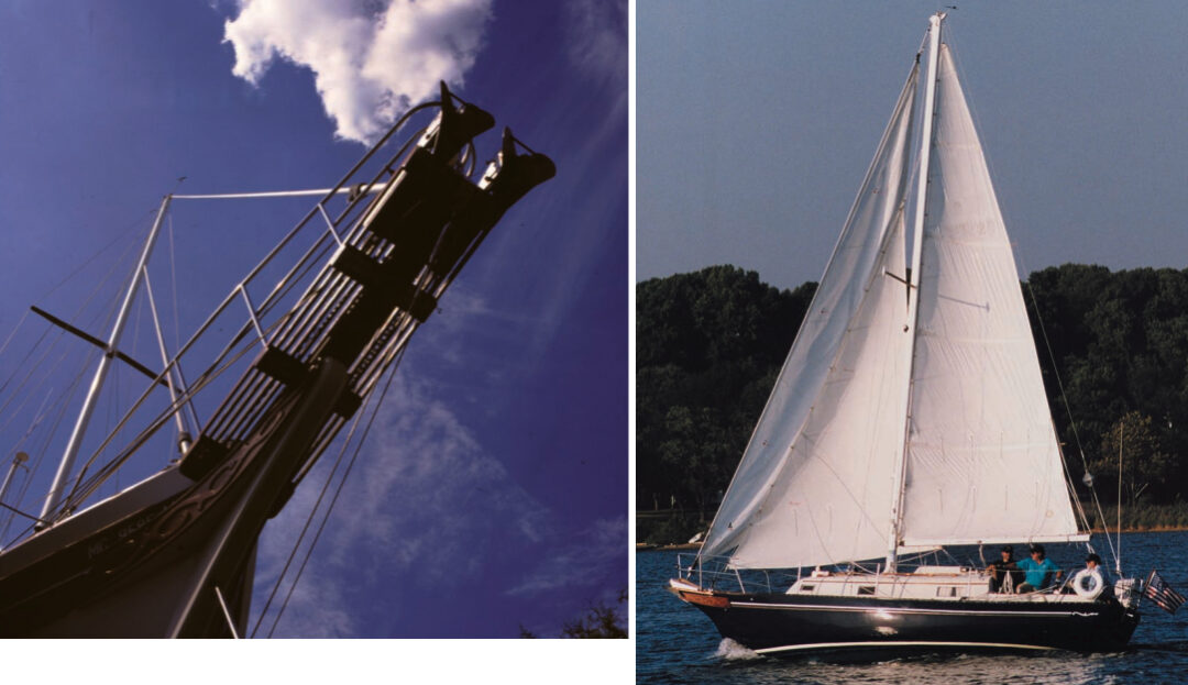 The bowsprit and characteristic trailboard of Doug and Carol Kelly’s Bayfield 40, Sapphire, at left. A Bayfield 29 sails the Chesapeake Bay, at right.