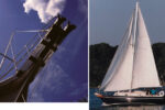 The bowsprit and characteristic trailboard of Doug and Carol Kelly’s Bayfield 40, Sapphire, at left. A Bayfield 29 sails the Chesapeake Bay, at right.