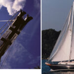 The bowsprit and characteristic trailboard of Doug and Carol Kelly’s Bayfield 40, Sapphire, at left. A Bayfield 29 sails the Chesapeake Bay, at right.
