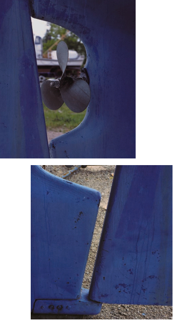 Doug replaced the original 18-inch prop with a 20-inch one and increased the pitch from 12 to 13 inches. Nuts at the bottom of the rudder are vulnerable to being sheared.