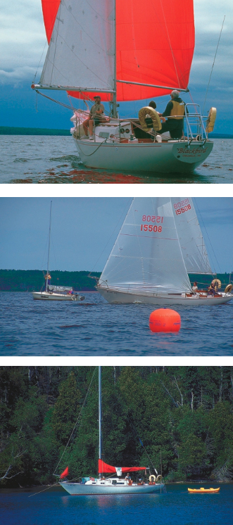Blackbird’s racing crew — Bill, Nancy, and Jerry — above right. In the center, crossing the finish line in first place. At right, Blackbird at play: cruising Isle Royale.