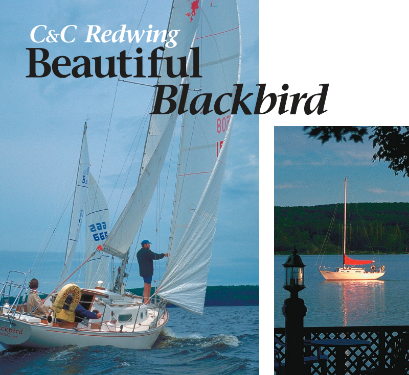 Blackbird, above, is part of the scenery at the Leonards’ home. At left, she races on Portage Lake not far from her mooring.