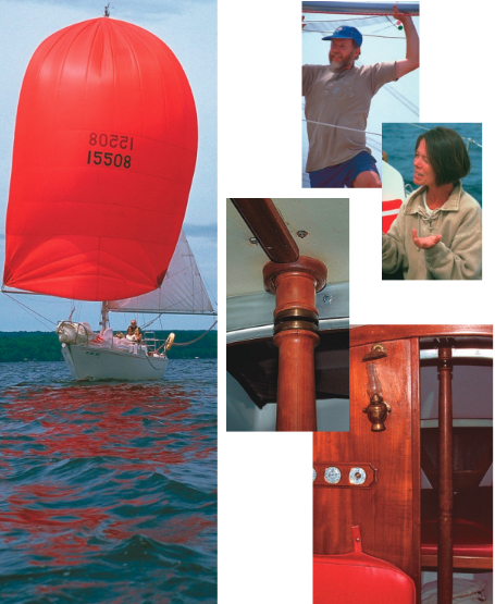 A Redwing deserves a red spinnaker, above. At top right, Bill works the spinnaker pole and Nancy pauses during a quiet moment aboard. The compression post, at lower right, is in the way of access to the V-berth and prevents two doors near the head compartment from closing. It spends most of its life stowed in the quarter berth.