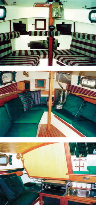 Before and after photos (top two above) show touches of class added by the Cotters. Gerry milled much of his own timber for the interior woodwork. Part of the original design, fill-in cushions (not shown here) create a large double berth in the V-space. The galley, in the bottom photo, has a two-burner stove to starboard of the sink with a top-loading icebox opposite.