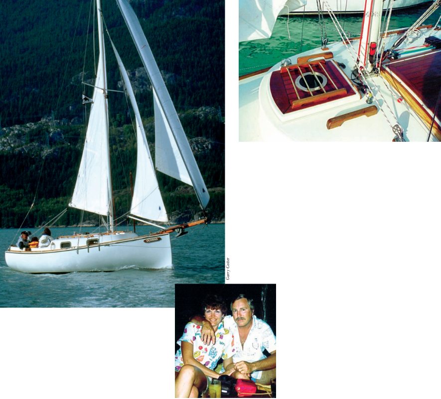 At right, boatbuilder Dave Autry and his wife, Linda, enjoy a peaceful moment on the island of Tahaa, north of Riatia in the French Polynesians. His Blackwatch design caught the eye of Gerry and Joanie Cotter, who have restored Ocarina, above.