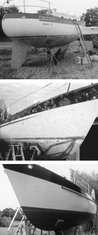 Freedom was affordable because of the blisters on her bottom, topsides, decks, and cabintop. The photos show the boat in the yard in Texas, in the patching stage, and after repainting.