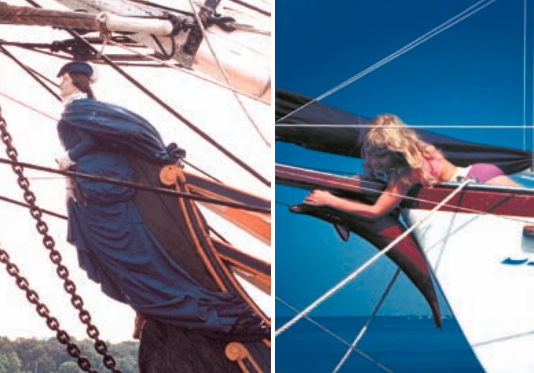 At left, the replica of the HMS Bounty figurehead stands as a proud lookout on a reproduction of Captain Bligh’s Bounty, built in 1960 in Nova Scotia. At right, while admiring the figurehead on Delphinus, the author’s granddaughter, Jenny, becomes a figurehead in her own right.