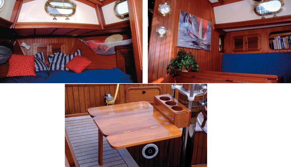 From the V-berth to the cabin, to the cockpit, Kahlua has been reborn. Ken designed the cockpit table to blend into its surroundings. Although it is not, it appears to be standard equipment.