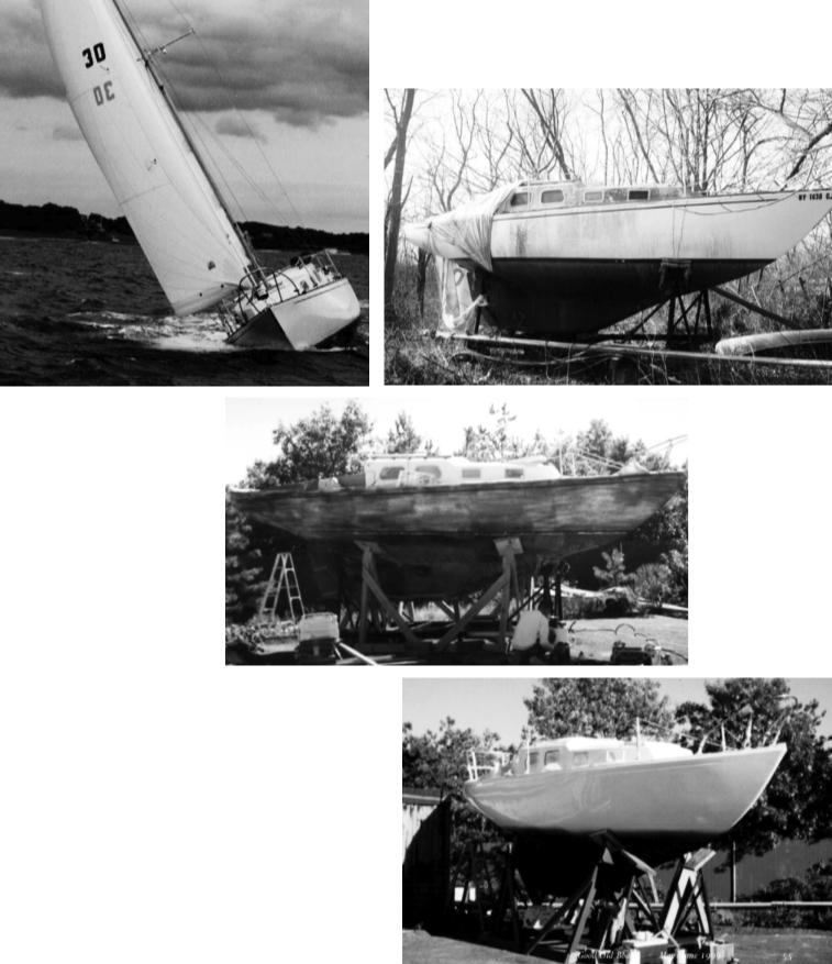 Second Wind before the work begins, in the primer phase just before spraying, gleaming in “Bristol fashion” after the spraying is completed, and sailing as she was meant to do on the opposite page. This Bristol should not be confused with the Bristol Channel Cutter featured on Page 46, which had a different designer and was built by a different company.