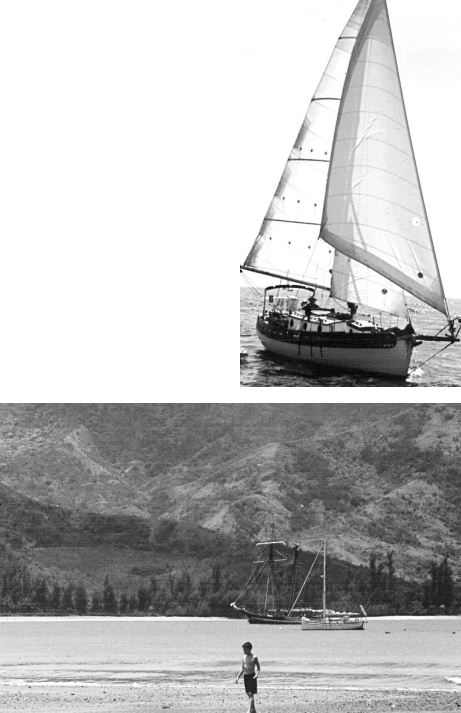 James and Cita Barry’s Gypsy Queen at top right and Bob Kaden’s Kuuipo in Hanalai Bay, Hawaii. About that bowsprit, Tom Walker says, “It’s quite easy to go out on it when necessary (which is seldom).”