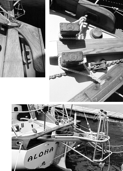 Bow and stern of Mike Herman’s Surprise. Tom and Alice Walker’s Aloha below with new Monitor windvane.