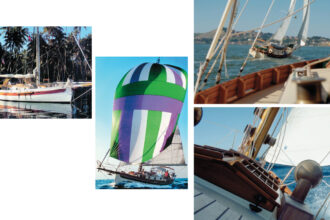 Chris Edwards’ Xiphias in a tropical setting, above left. Mike Herman’s Surprise plies the waves near Charleston, S.C., above. At top right, Wayne Edney’s Odyssey is photographed by Kathy Horning from her Bristol Channel Cutter, Peguin, in San Francisco Bay. At right, Mike Pearson’s Metaphora makes a splash.