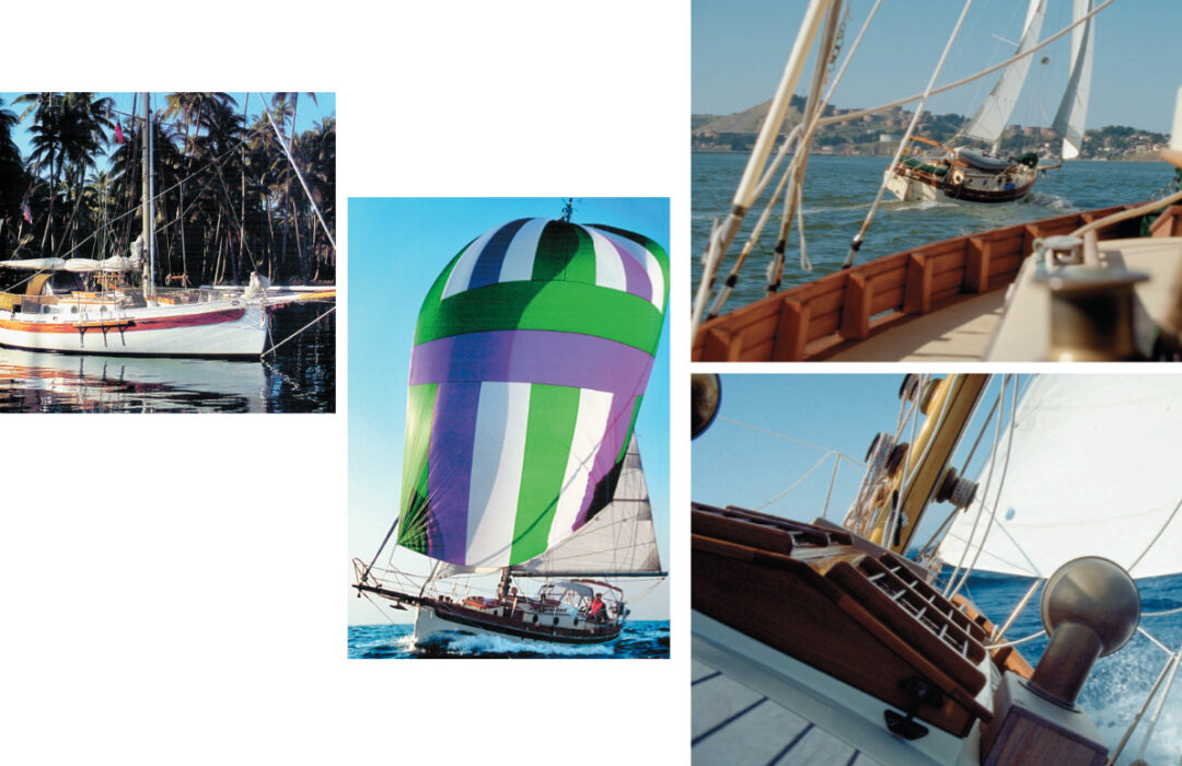 Chris Edwards’ Xiphias in a tropical setting, above left. Mike Herman’s Surprise plies the waves near Charleston, S.C., above. At top right, Wayne Edney’s Odyssey is photographed by Kathy Horning from her Bristol Channel Cutter, Peguin, in San Francisco Bay. At right, Mike Pearson’s Metaphora makes a splash.