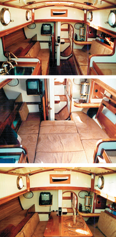 Three views of the inside of Roger Olson’s boat, Nereus, show the flexibility of the interior. The table is from a carving Roger brought home from the South Pacific.