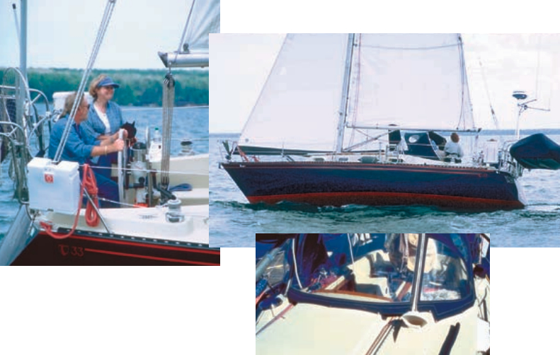 The molded dodger breakwater is a 2- to 3-inch lip arranged in a semicircle around the companionway and hidden from view by the dodger, since it makes a marvelous attachment point. It is slotted so halyards and lines can be led aft.