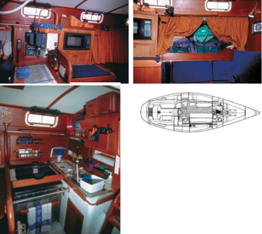 Bristol Fashion has a standard Tartan 33 galley, at left. Above, the nav station is to port. The Cleppers added the microwave and cabinet. They also added teak-colored curtains to hide extra storage located behind the cushions in what can be converted to a double berth.