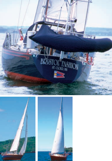 Beauty is in the details . . . Bristol Fashion’s navy and red color theme makes for a striking combination. But these colors are further picked up and replayed in docklines and interior accents. Even the logotype for the transom was thoughtfully conceived.