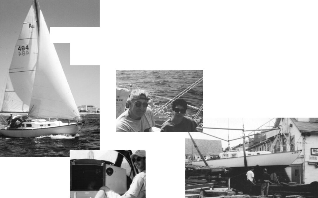 At left above, Alberg 30 Carina Vela sailing once again — this time on a cruise to the Isle of Shoals. Co-author Chris in the cockpit maneuvers the tiller by foot. Above, Captain Stephen and his now much more loyal crew, Joyce. At right, Carina Vela in the slings as she is about to be immersed at Glouchester, Mass.