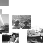 At left above, Alberg 30 Carina Vela sailing once again — this time on a cruise to the Isle of Shoals. Co-author Chris in the cockpit maneuvers the tiller by foot. Above, Captain Stephen and his now much more loyal crew, Joyce. At right, Carina Vela in the slings as she is about to be immersed at Glouchester, Mass.