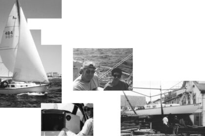 At left above, Alberg 30 Carina Vela sailing once again — this time on a cruise to the Isle of Shoals. Co-author Chris in the cockpit maneuvers the tiller by foot. Above, Captain Stephen and his now much more loyal crew, Joyce. At right, Carina Vela in the slings as she is about to be immersed at Glouchester, Mass.