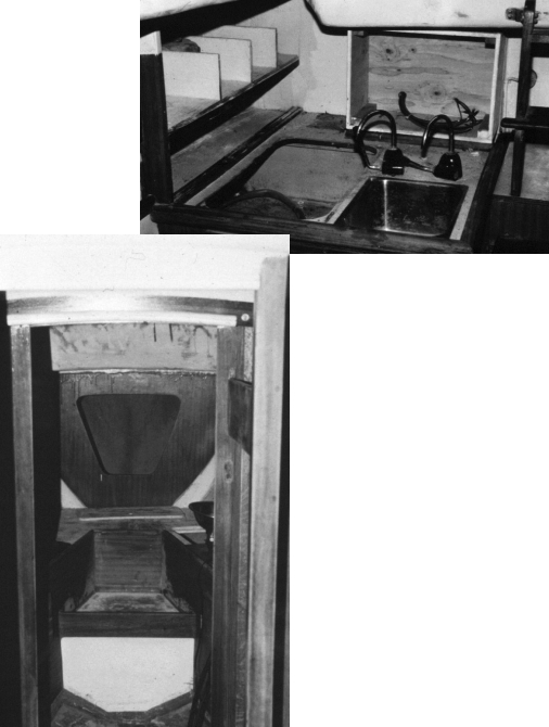Above, during the refit process the boat’s “small, but workable galley,” as Joyce describes it, and the V-berth under renovation.