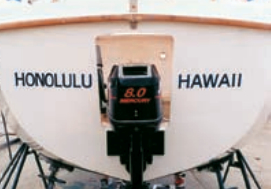 The Fosters bought Manu’iwa with an outboard motor well in the “wet lazarette.” They enlarged this space and modified the lid to accommodate their new 8-hp Mercury.