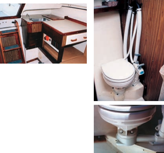 The Fosters added a new faucet and counter in the galley. They also replaced the head and constructed a support for the overhanging base. And they added anti-siphon loops to the inlet and outlet lines.