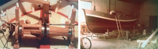 Chris’ homemade anchor capstan (at left), showing the remarkable construction and attention to detail that went into the building of Emigrance. Work begins on the lifeboat conversion (at right) in a barn in Wilhelmshaven, Germany.