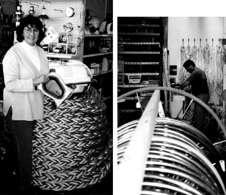 At left above, founder Arlene Montague with a rope and splice custom-made for a Boston tugboat. At right, master splicer Steve Barry practices his art.
