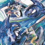 Painting of people fighting a fish