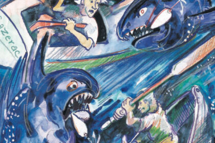 Painting of people fighting a fish