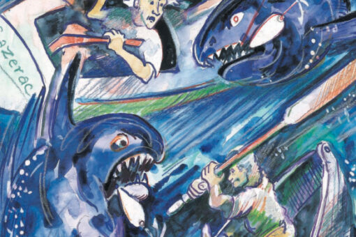 Painting of people fighting a fish