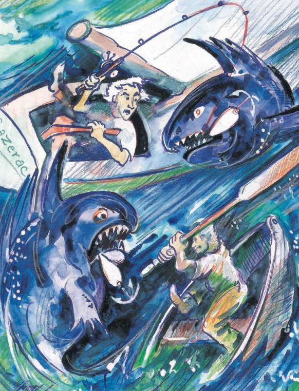 Painting of people fighting a fish