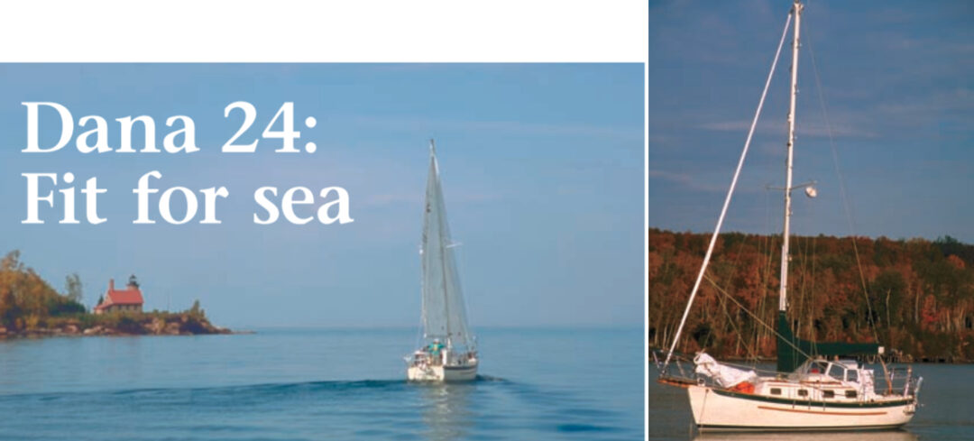 Jackito, at left, a cutter-rigged Dana 24, rounds Sand Island Light on Lake Superior. At right, anchored in Raspberry Bay on a crisp fall day, the salty-looking Jackito is a home away from home in Wisconsin’s Apostle Islands for owners Daryl and Judy Clark.