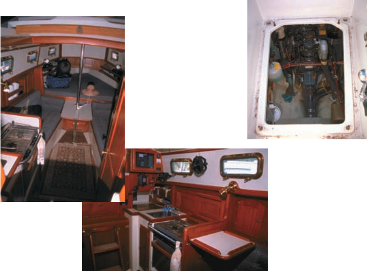 At left, settees are long enough for sleeping, drawing additional length for feet by tucking them in hollows under the V-berth. The dining table slips away like a drawer when not in use. Below, the galley gains counter space with the use of a folding shelf. At right, the cockpit floor can be removed to offer exceptional access to the engine from above.