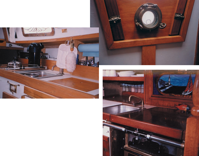 Bill and Janice Strop’s Baby Grand above and at top right, shows a love of beautiful ports and exquisite detail. Notice the beveled glass port above and the hatch inset. Bill says, “She’s ash inside — no teak gloom,” and adds, “She’s just about as close to ‘yar’ as I can make her.” She sails near Kansas City, Mo. Not to be outdone, Corsair, at right, formerly owned by John Wolstenholme and Jan Allen, shows a stained-glass window in her galley.