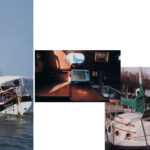 Formerly owned by Tom Buzzi, Becky Ann, at far left, flies her drifter on Galveston Bay, Texas. This page, African Queen, previously owned by Bodi Lukasewyah, shows off the flexibility of her open interior and the scrollwork at the bow. According to Flicka owner Tom Davidson, galleys on Flickas differ. Some have built-in stoves, others have an open countertop running to the port hull.
