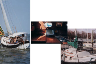 Formerly owned by Tom Buzzi, Becky Ann, at far left, flies her drifter on Galveston Bay, Texas. This page, African Queen, previously owned by Bodi Lukasewyah, shows off the flexibility of her open interior and the scrollwork at the bow. According to Flicka owner Tom Davidson, galleys on Flickas differ. Some have built-in stoves, others have an open countertop running to the port hull.