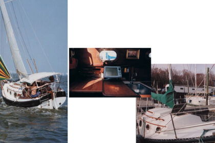 Formerly owned by Tom Buzzi, Becky Ann, at far left, flies her drifter on Galveston Bay, Texas. This page, African Queen, previously owned by Bodi Lukasewyah, shows off the flexibility of her open interior and the scrollwork at the bow. According to Flicka owner Tom Davidson, galleys on Flickas differ. Some have built-in stoves, others have an open countertop running to the port hull.