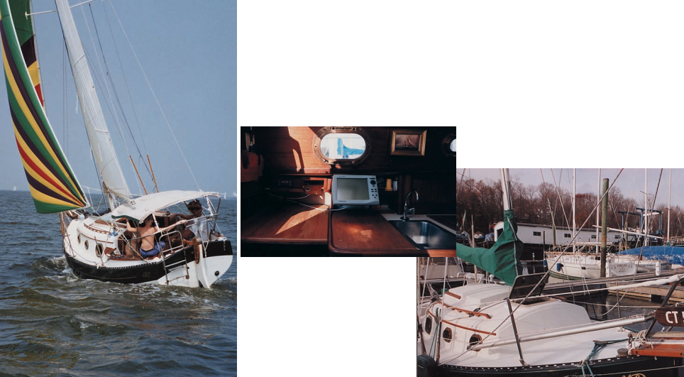 Formerly owned by Tom Buzzi, Becky Ann, at far left, flies her drifter on Galveston Bay, Texas. This page, African Queen, previously owned by Bodi Lukasewyah, shows off the flexibility of her open interior and the scrollwork at the bow. According to Flicka owner Tom Davidson, galleys on Flickas differ. Some have built-in stoves, others have an open countertop running to the port hull.