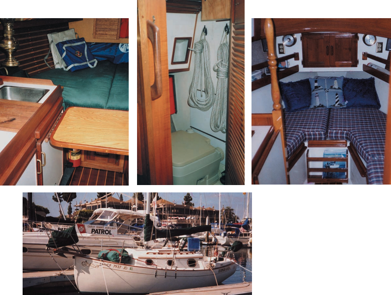 Above left and center, Yarns, a 1978 Flicka, is owned by Karen Peterson, who sails her in the Pacific Northwest. Enclosed heads became standard by 1980. Phil and Trudy Cunningham’s Esperanza, above right, with the classy reading material, and at left with the impressive dock partner, sails out of Dana Point, Calif.