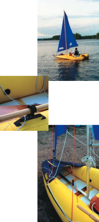 The Tinker Traveler sails in light air, above; close-up of lock-in oar locks and cam cleats, at left; and the aluminum channel on bottom and stay adjustors, below. Note the roller-furling jib.