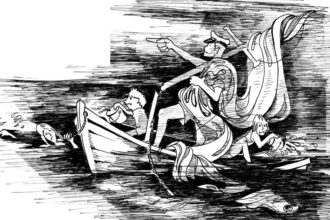 Drawing of a sinking boat being sailed