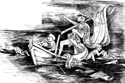 Drawing of a sinking boat being sailed