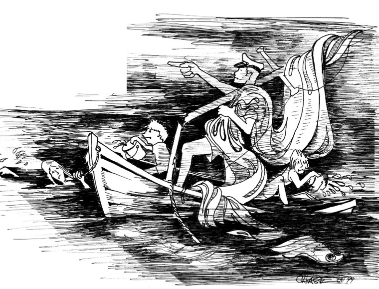 Drawing of a sinking boat being sailed