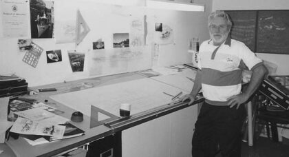 Ted Gozzard at work in his office at North Castle Marine.