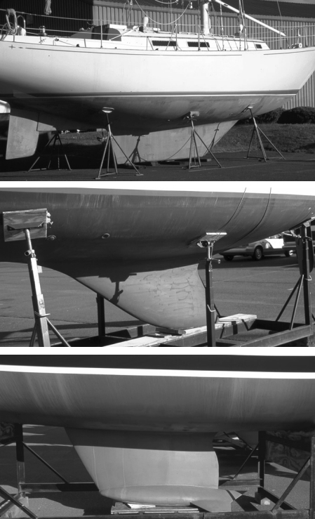 At top, a rather squared-off fin, not unlike the Cal 40 keel. In center, a less extreme fin than the one pictured on Page 13, with a more parallel tip. At bottom, a contemporary bulb fin with winglets.