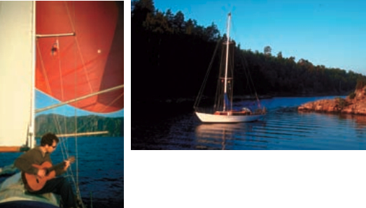 Above right, solitude in southern Norway. At left, Siandra under spinnaker while Jamie plays his guitar.